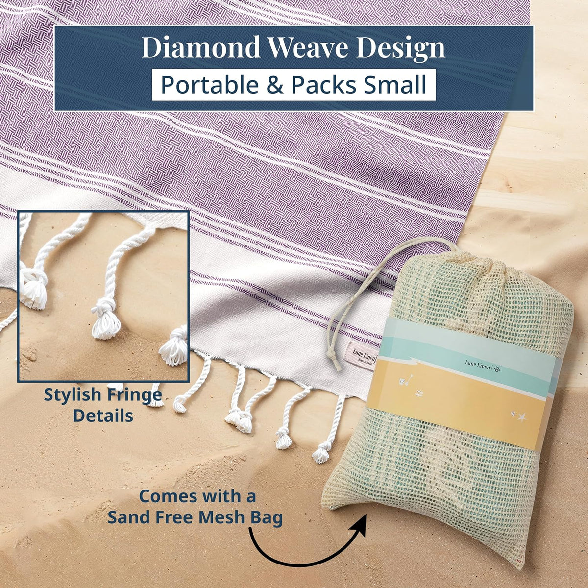 Extra Large Turkish Cotton Beach Towel Blanket – Jumbo Sand-Free Quick Dry Travel Blanket – Oversized 208X208 Cm Towel for Camping, Beach & Picnic - Regal Orchid