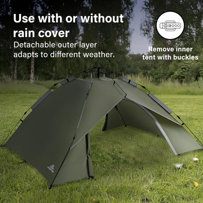 Camping Tent Pop Up, 3-4 Man Automatic Instant Tent Ultralight Dome Tent 4 Seasons, 2 in 1 Double Layers with Removable Outer & Carry Bag for Camping Hiking