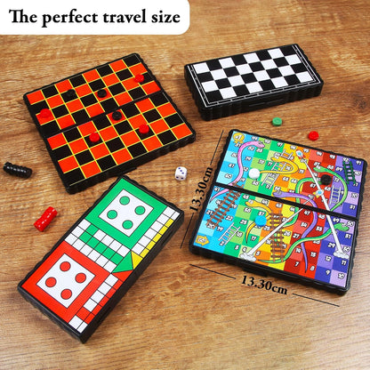 4 Mini Magnetic Games – 4 X Travel Games Includes Chess, Snakes and Ladders, Ludo & Draughts – Plane Activities for Kids - Travel & Pocket Games - Mini Travel Games