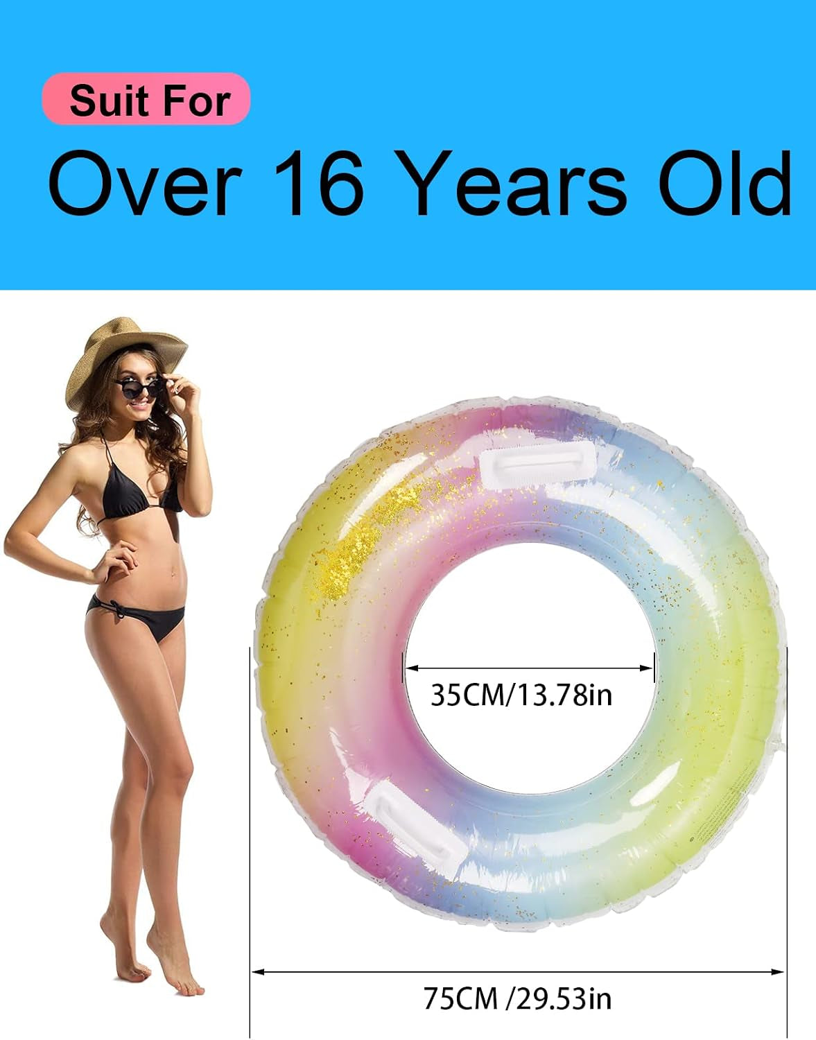 Swimming Ring Adults, Rainbow Sequins Swim Ring with Safy Handle, Transparent Floating Ring, Durable Inflatable Pool Floats, Swimming Ring Tube for Summer Pool Party and Water Sports