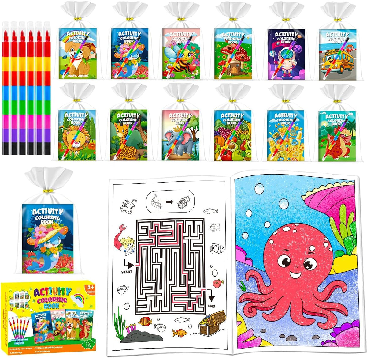12 Pack Mini Colouring Books for Party Bags with 8-In-1 Crayons