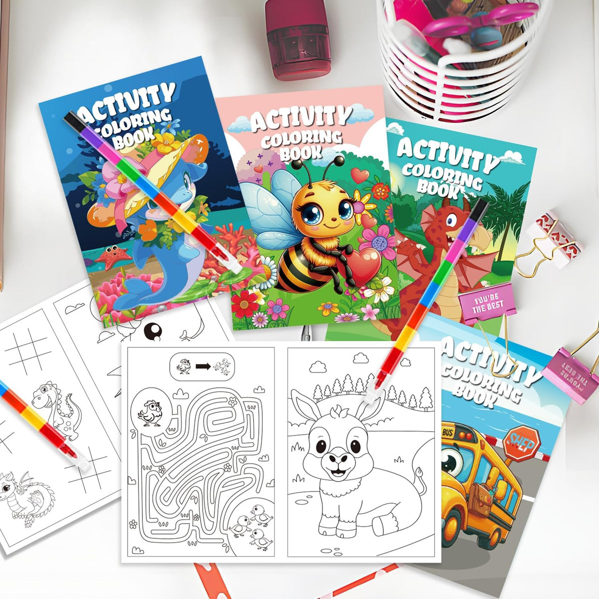 12 Pack Mini Colouring Books for Party Bags with 8-In-1 Crayons